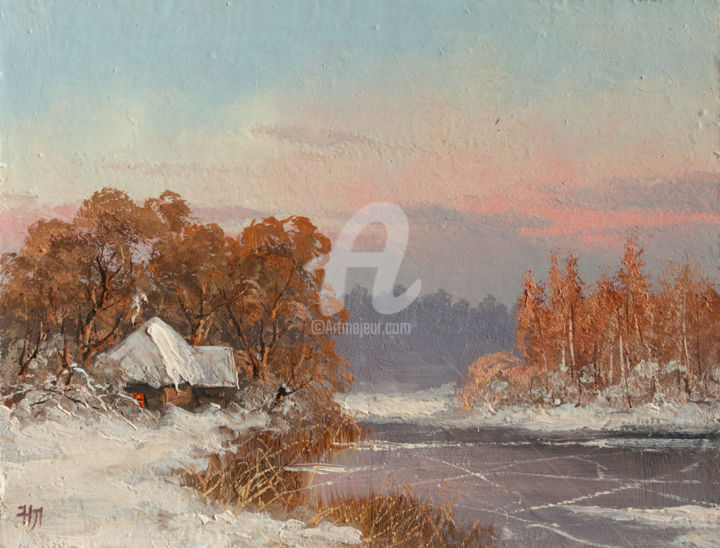 Painting titled "Winter (sketch)" by Nikolay Lyamin, Original Artwork, Oil