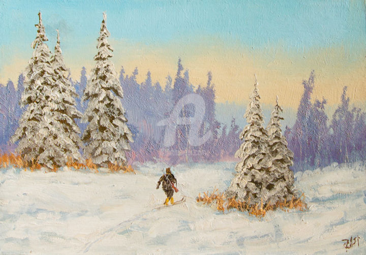 Pintura titulada "Winter Ski Hunt" por Nikolay Lyamin, Obra de arte original, Oleo