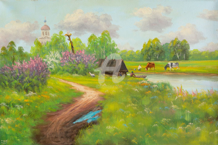 Painting titled "Summer day in the v…" by Nikolay Lyamin, Original Artwork, Oil