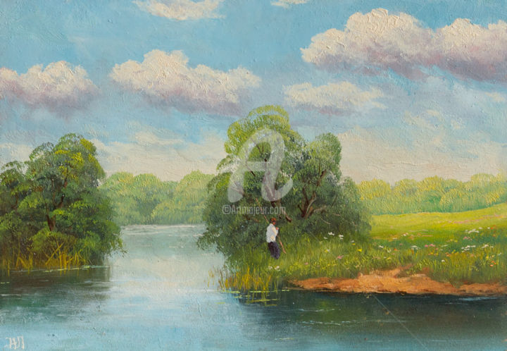 Painting titled "Fishing" by Nikolay Lyamin, Original Artwork, Oil