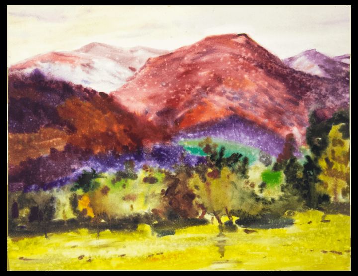 Painting titled "Red Mountains, wate…" by Nikolay Nechvoglod, Original Artwork, Watercolor Mounted on Glass