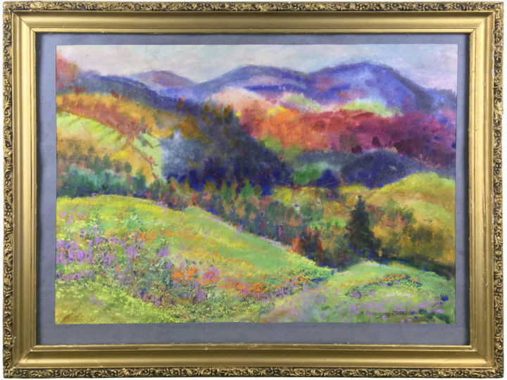 Painting titled "Mountain landscape,…" by Nikolay Nechvoglod, Original Artwork, Watercolor Mounted on Glass