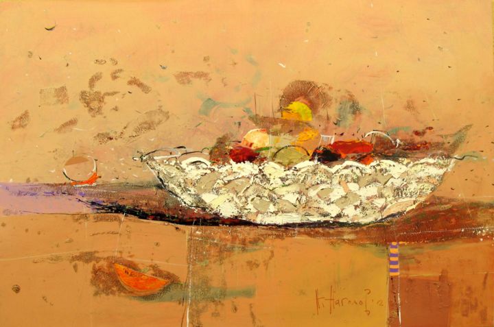 Painting titled "The White Fruit Bowl" by Nikolay Nyagolov, Original Artwork, Acrylic Mounted on Wood Stretcher frame