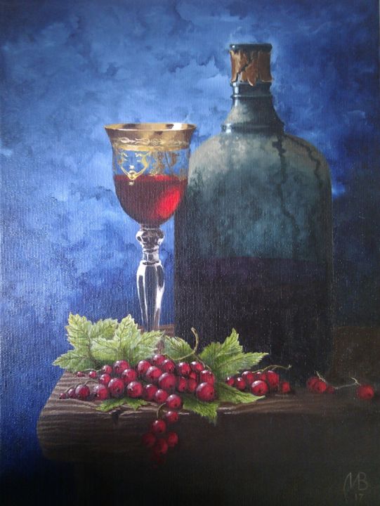 Schilderij getiteld "wine and currants.…" door Nikolay Velikiy, Origineel Kunstwerk, Olie