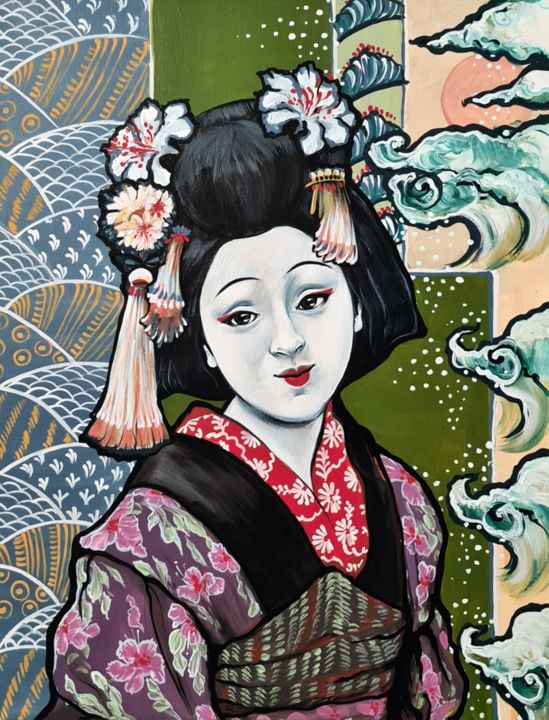 Painting titled "Maiko" by Nikoletta Kele, Original Artwork, Acrylic Mounted on Wood Panel