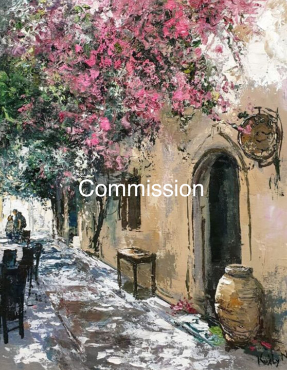 Schilderij getiteld "Street on Crete isl…" door Nikoletta Király, Origineel Kunstwerk, Olie Gemonteerd op Houten paneel