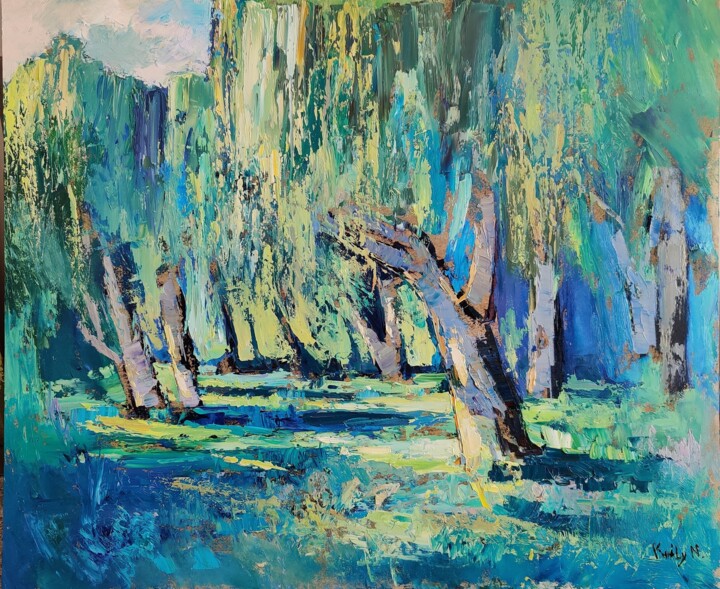 Painting titled "Under willow trees" by Nikoletta Király, Original Artwork, Oil Mounted on Wood Panel
