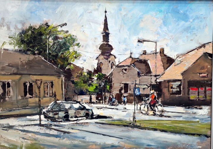 Pintura intitulada "Small town morning" por Nikoletta Király, Obras de arte originais, Óleo
