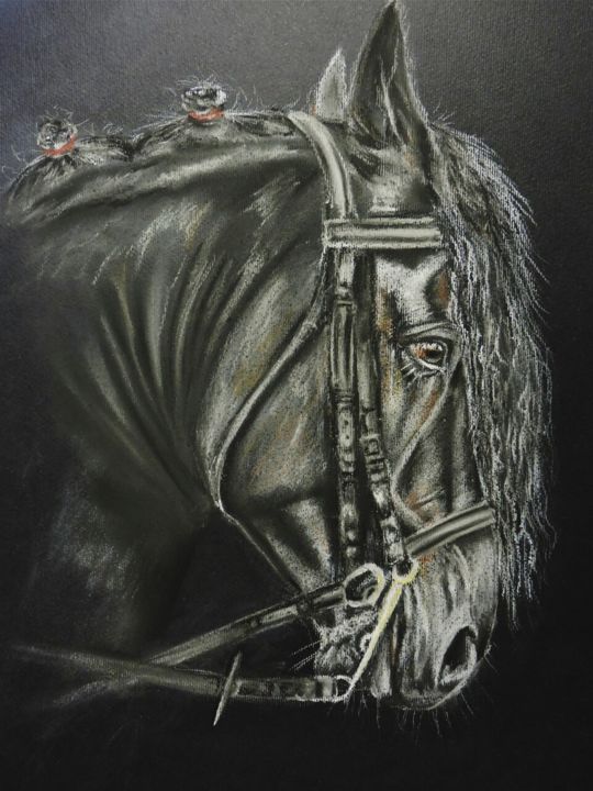 Dessin intitulée "Вороной" par Nikoliia Gribko, Œuvre d'art originale, Pastel