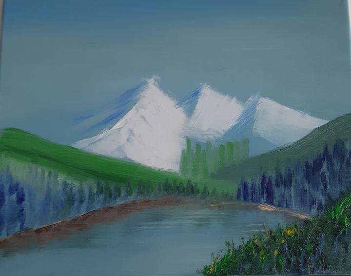 Painting titled "Lac montagne" by Rusen Nikolov, Original Artwork, Oil