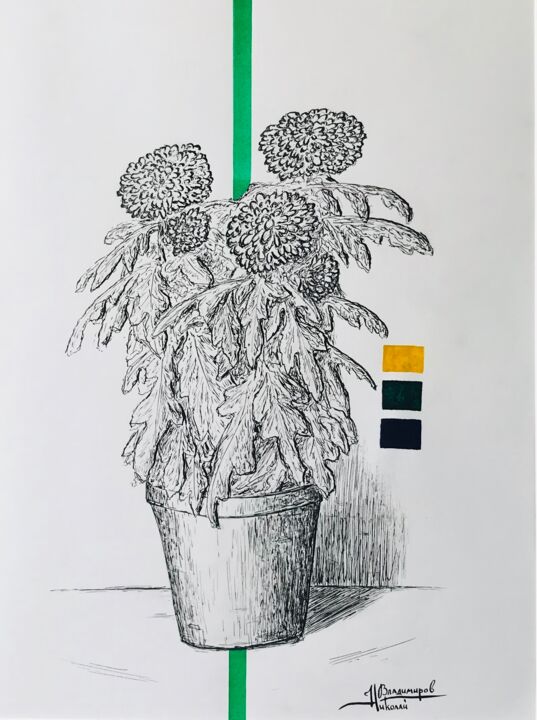 Dessin intitulée ""Chrysanthemums" /…" par Nikolay Vladimirov, Œuvre d'art originale, Encre