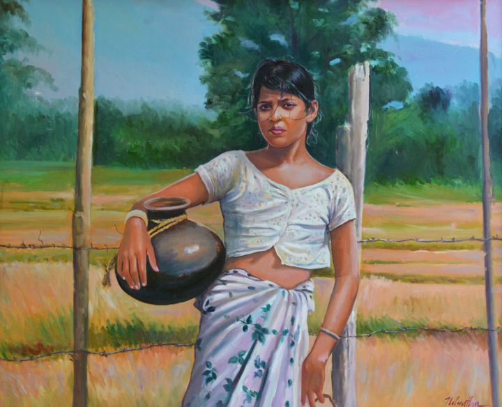Peinture intitulée "Village Lass" par Nilantha Vidanarachchi, Œuvre d'art originale, Huile Monté sur Châssis en bois