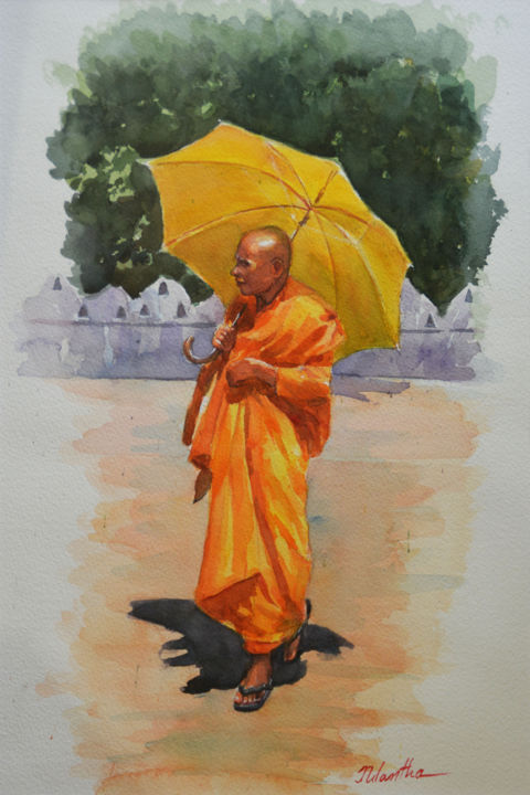 Painting titled "Elder of the Temple" by Nilantha Vidanarachchi, Original Artwork, Oil Mounted on Wood Stretcher frame