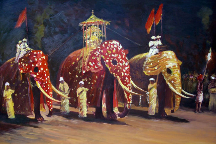 Painting titled "Regal Bearers" by Nilantha Vidanarachchi, Original Artwork, Oil Mounted on Wood Stretcher frame