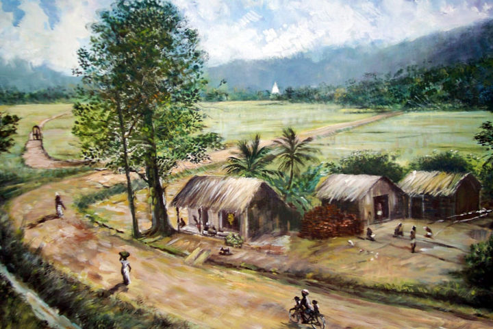Malerei mit dem Titel "Paddy Land" von Nilantha Vidanarachchi, Original-Kunstwerk, Öl Auf Keilrahmen aus Holz montiert