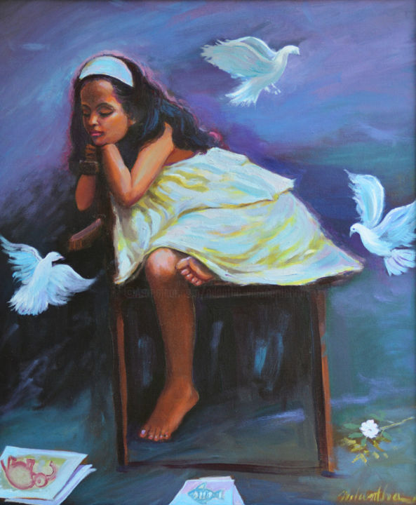 Painting titled "Dovely Girl" by Nilantha Vidanarachchi, Original Artwork, Oil Mounted on Wood Stretcher frame