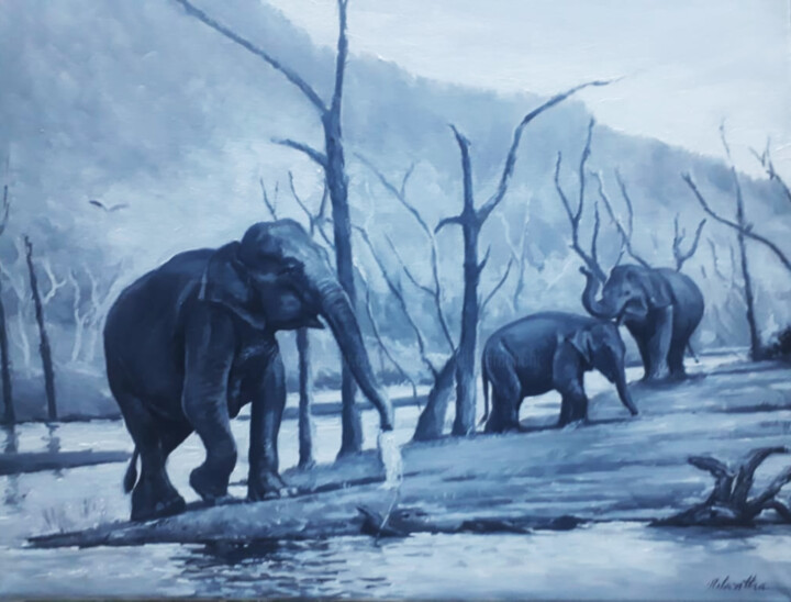 Painting titled "Elephants at Play" by Nilantha Vidanarachchi, Original Artwork, Acrylic Mounted on Wood Stretcher frame