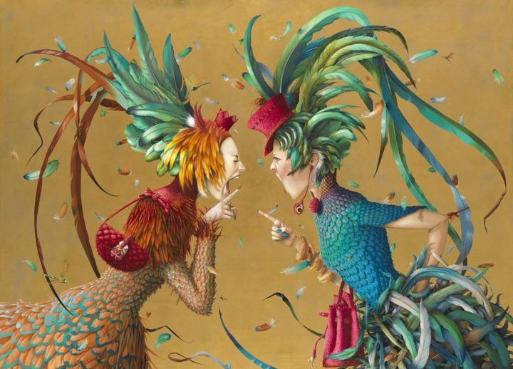 Peinture intitulée "Parisian Cockfight…" par Guy Gleyen, Œuvre d'art originale, Huile