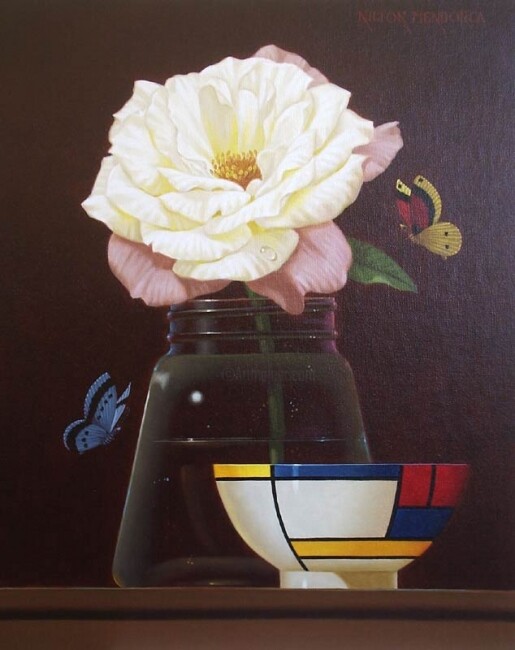 Painting titled "O pote de Mondrian" by Nilton Mendonça, Original Artwork, Oil