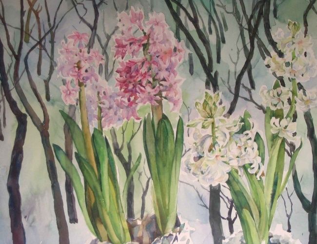 Painting titled "Hyacinths" by Nina Arutjunjan, Original Artwork, Oil