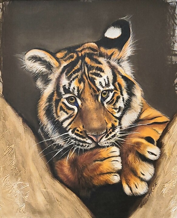Painting titled "Jeune tigre" by Nina Beddar, Original Artwork, Oil Mounted on Wood Stretcher frame