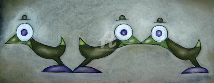 Zeichnungen mit dem Titel "Schräge Vögel" von Nina Boos, Original-Kunstwerk, Kreide
