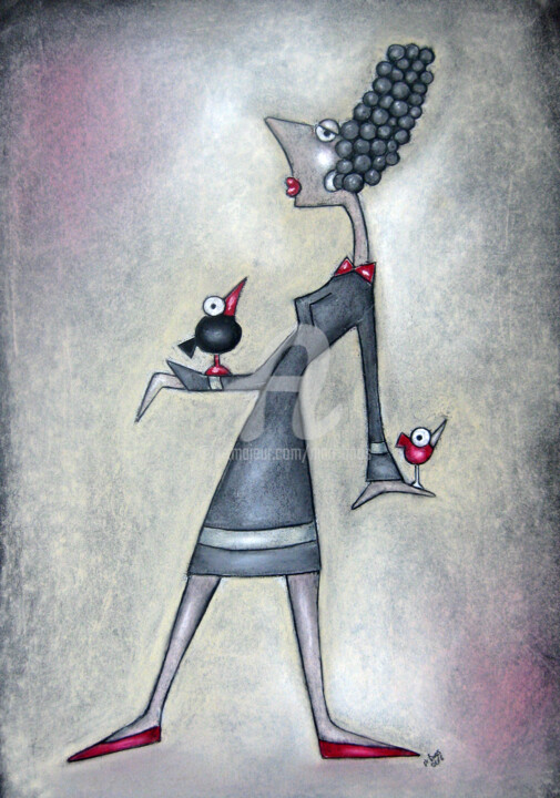 Zeichnungen mit dem Titel "Vogelscheuche" von Nina Boos, Original-Kunstwerk, Pastell