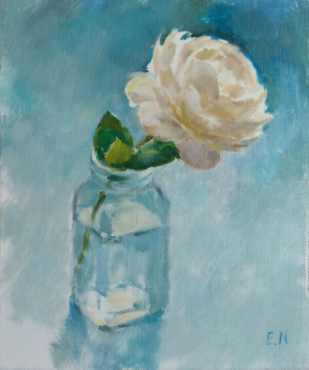 Painting titled "White rose" by Nina Ezerskaya, Original Artwork, Oil Mounted on Wood Stretcher frame
