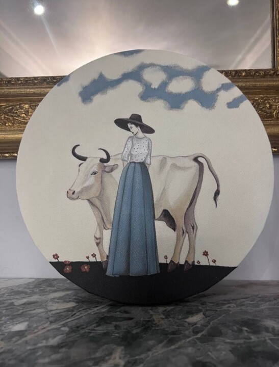 Schilderij getiteld "Cowgirl" door Nina Grighel, Origineel Kunstwerk, Acryl Gemonteerd op Frame voor houten brancard
