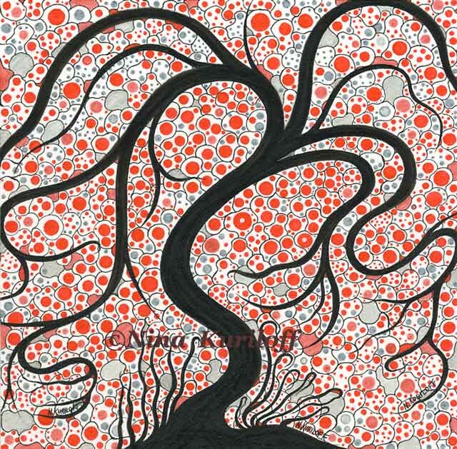 Desenho intitulada "Black Tree with Red…" por Nina Kuriloff, Obras de arte originais, Tinta