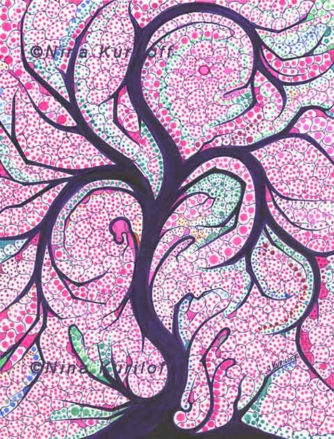 Zeichnungen mit dem Titel "Purple Tree Splendor" von Nina Kuriloff, Original-Kunstwerk, Tinte