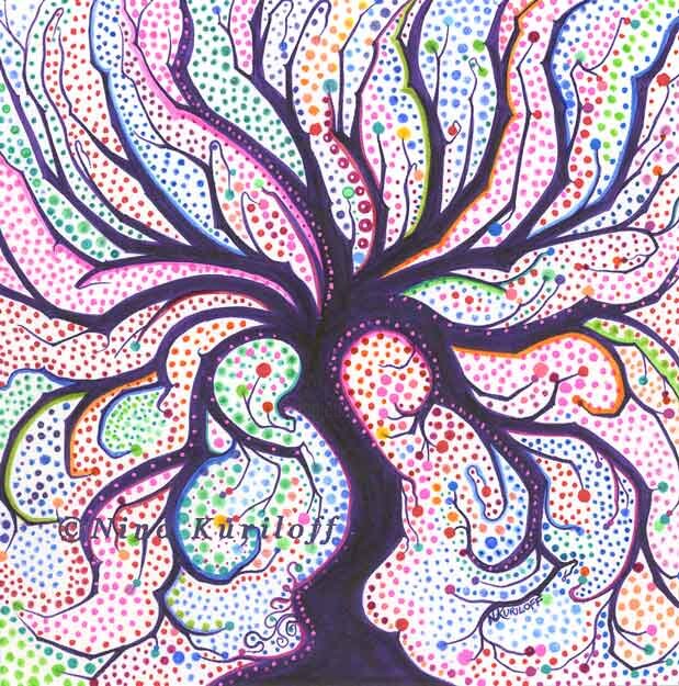 Disegno intitolato "Redbud Tree Fantasy" da Nina Kuriloff, Opera d'arte originale, Inchiostro