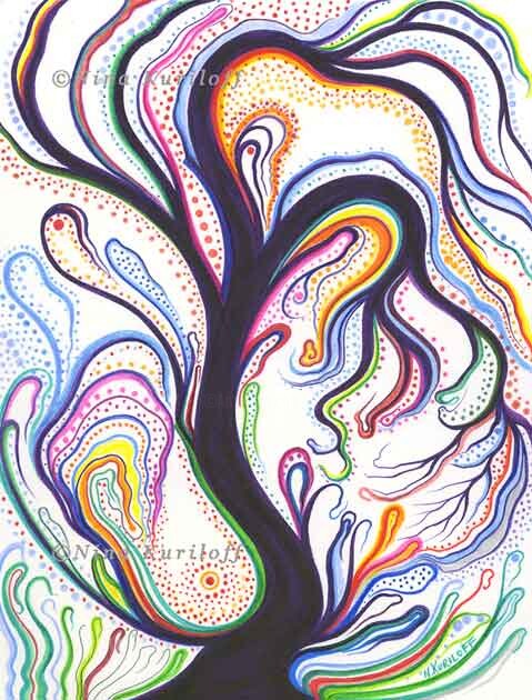 Zeichnungen mit dem Titel "Purple Tree Appreci…" von Nina Kuriloff, Original-Kunstwerk, Tinte