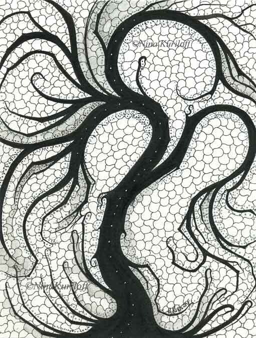 Σχέδιο με τίτλο "Black Tree in Monoc…" από Nina Kuriloff, Αυθεντικά έργα τέχνης, Μελάνι