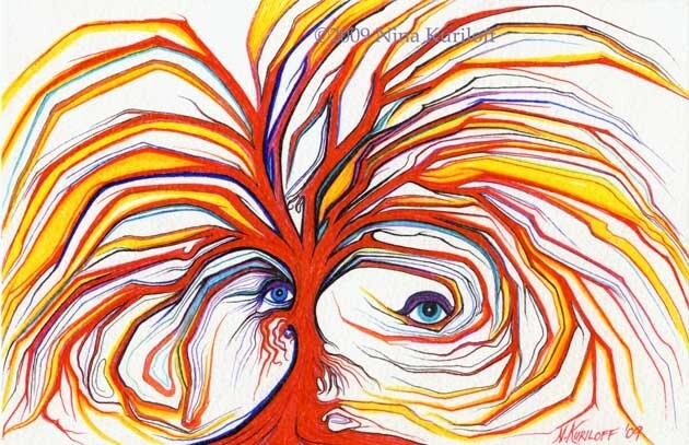 Pintura titulada "Red Tree's Eyes" por Nina Kuriloff, Obra de arte original, Oleo