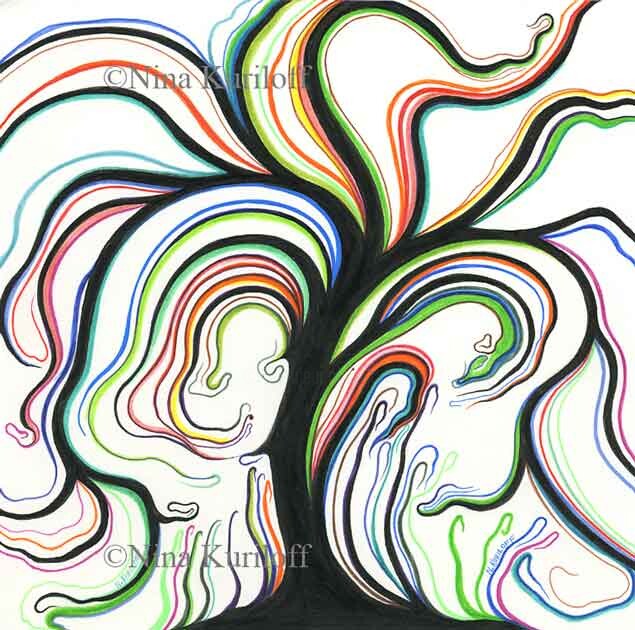 Desenho intitulada "Black Tree Curves" por Nina Kuriloff, Obras de arte originais, Tinta