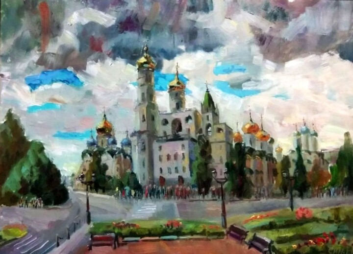 Painting titled "The Moscow Kremlin" by Nina Silaeva, Original Artwork, Oil Mounted on Wood Stretcher frame
