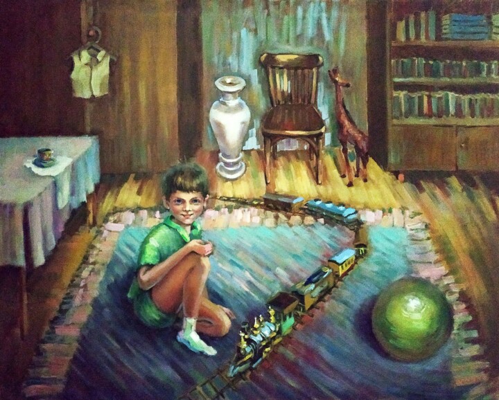 Painting titled "Игрушечная железная…" by Nina Silaeva, Original Artwork, Oil Mounted on Wood Stretcher frame