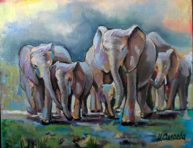 Картина под названием "elefants serengety" - Nina Silaeva, Подлинное произведение искусства