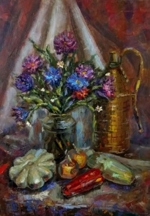 Painting titled "Still life with flo…" by Nina Silaeva, Original Artwork, Oil Mounted on Wood Stretcher frame