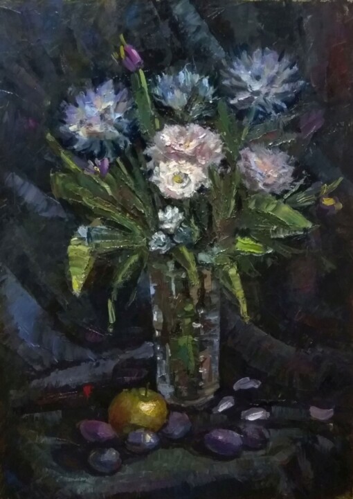 Картина под названием "Цветы с овощами. На…" - Nina Silaeva, Подлинное произведение искусства, Масло