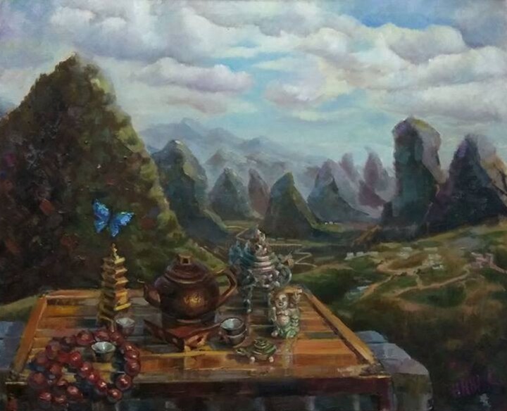 Painting titled "Чаепитие в Яншо Tea…" by Nina Silaeva, Original Artwork, Oil Mounted on Wood Stretcher frame