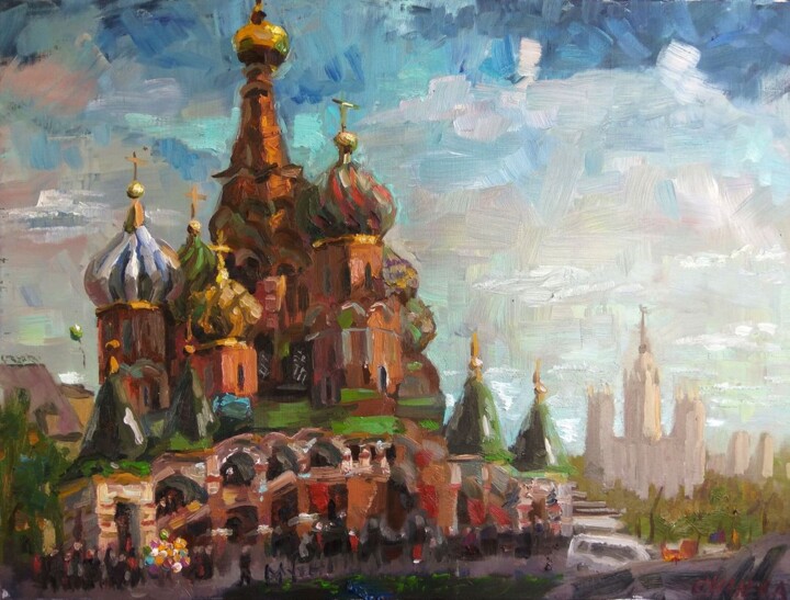 Painting titled "Cathedral of St. Va…" by Nina Silaeva, Original Artwork, Oil Mounted on Wood Stretcher frame