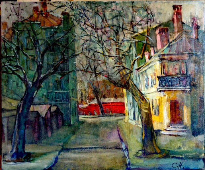 Painting titled "Вид из окна мастерс…" by Nina Stasiukova, Original Artwork, Oil