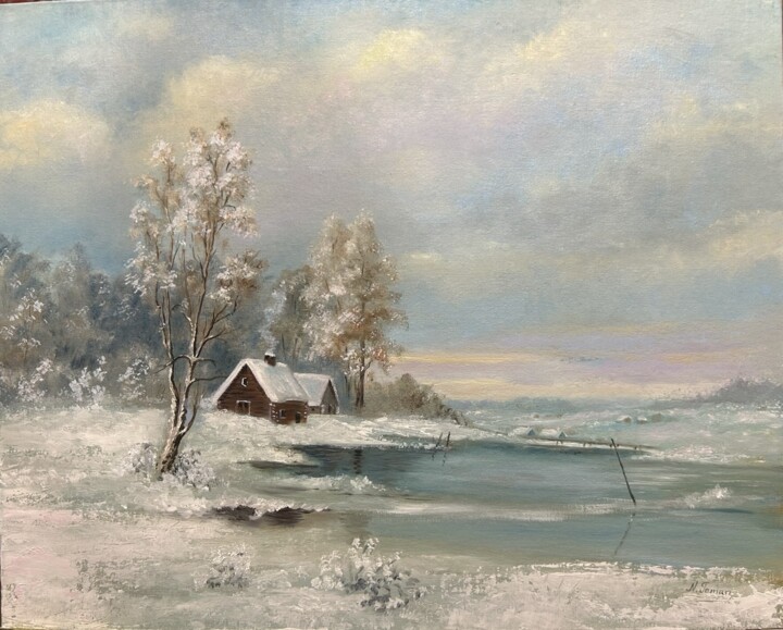 Painting titled "зимнее утро" by Nina Toman, Original Artwork, Oil Mounted on Cardboard