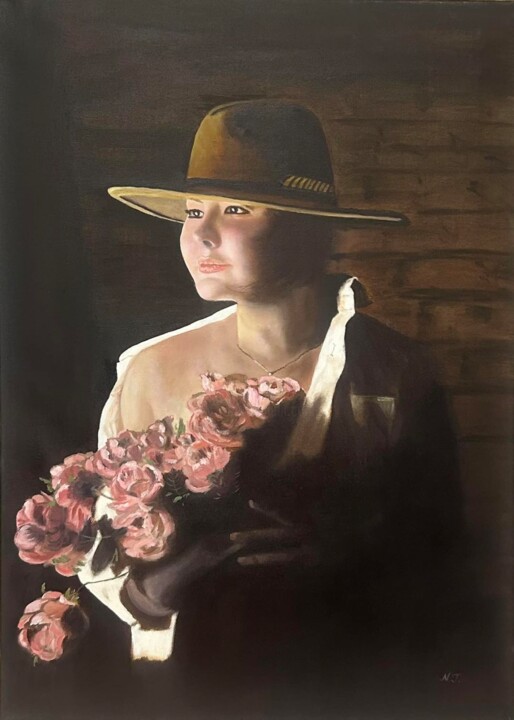 Painting titled "женское очарование" by Nina Toman, Original Artwork, Oil Mounted on Wood Stretcher frame