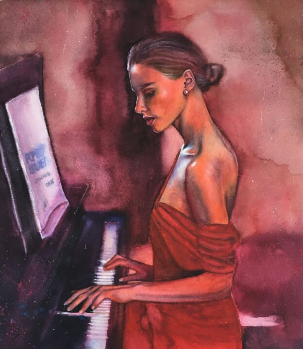 Malerei mit dem Titel "Piano player girl" von Nina Ingilevich, Original-Kunstwerk, Aquarell