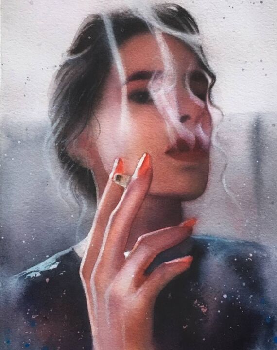 Schilderij getiteld "Smoking brunnete" door Nina Ingilevich, Origineel Kunstwerk, Aquarel