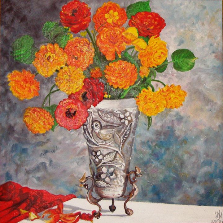 Painting titled "Vase with bird /Ваз…" by Nina Mitkova, Original Artwork, Oil