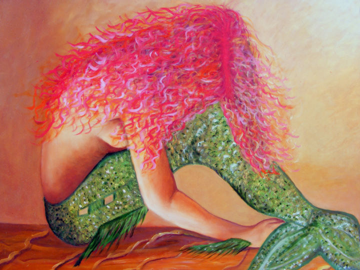 Painting titled "Sirena desnuda" by Nina Reyes Guzmán, Original Artwork, Oil